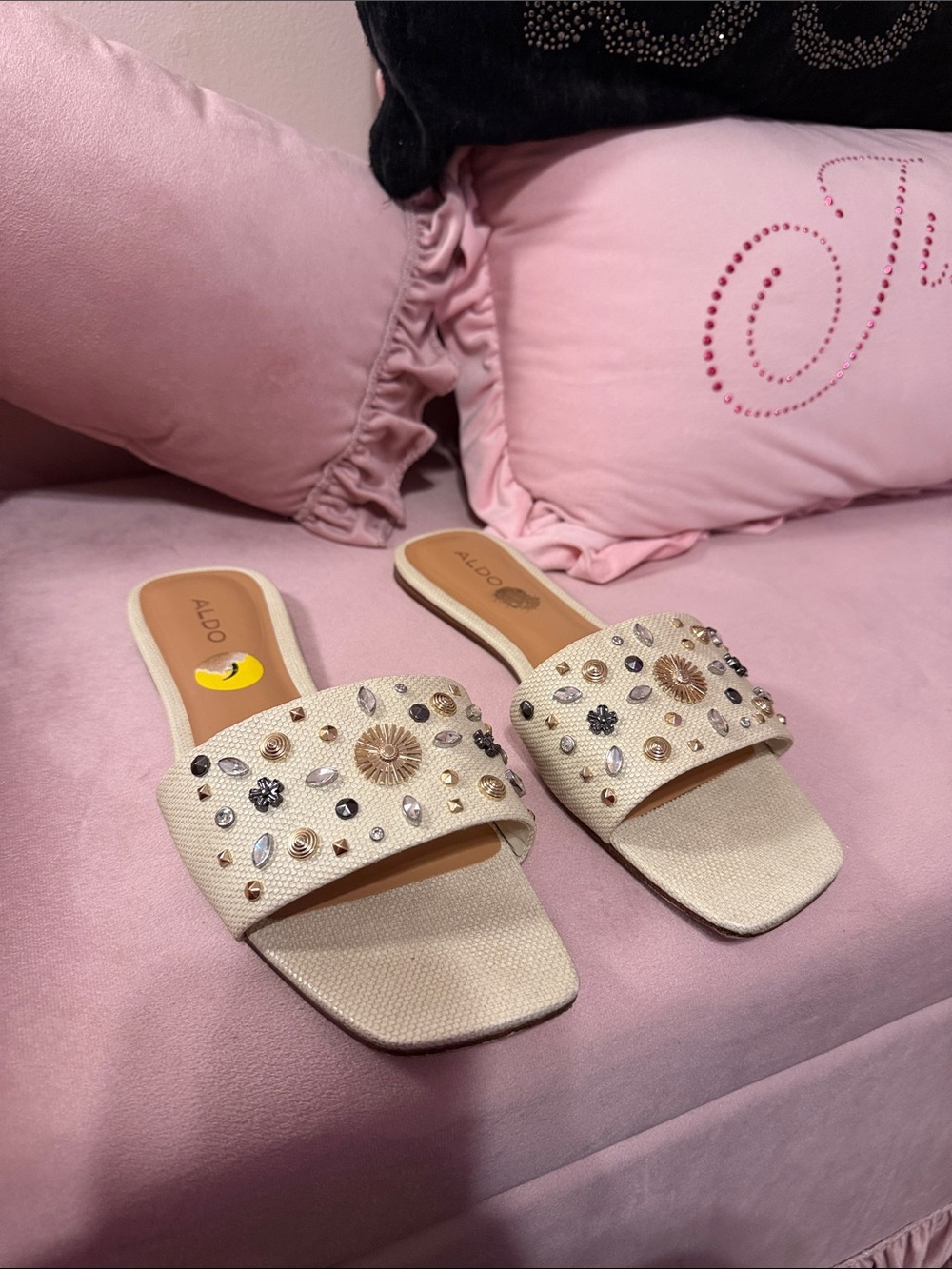 Aldo Cream Jeweled Slide Mules